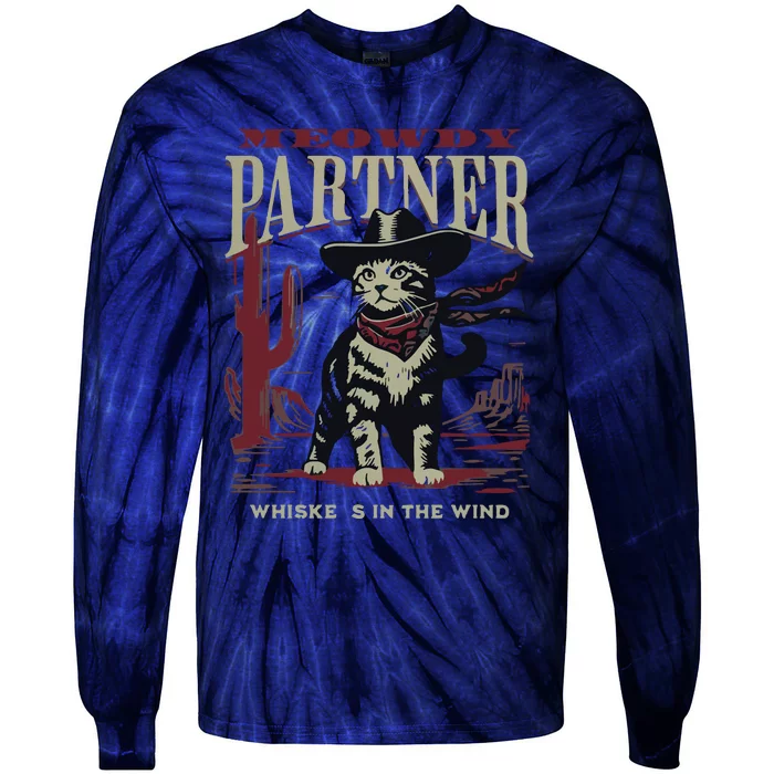 Meowdy Partner Cowboy Cat Vintage Cowboy Tie-Dye Long Sleeve Shirt