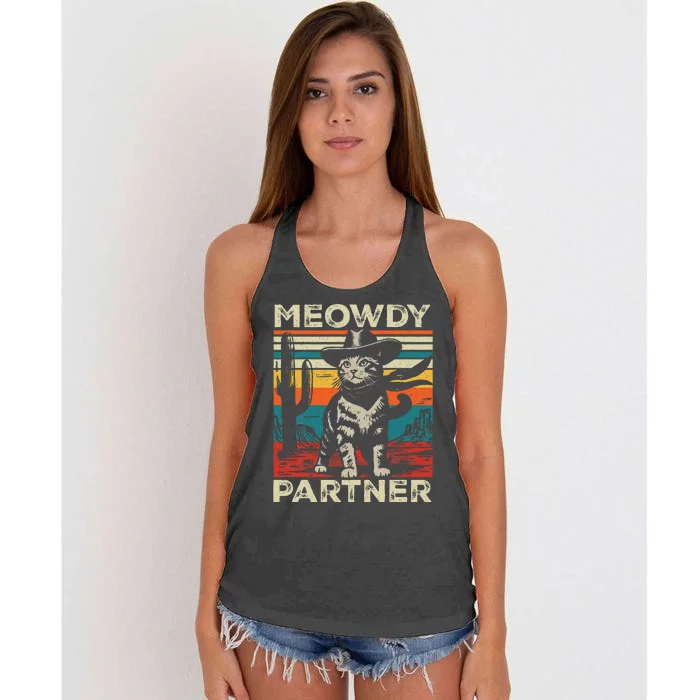 Meowdy Partner Cat Cow Hat Howdy Funny Country Western Women's Knotted Racerback Tank