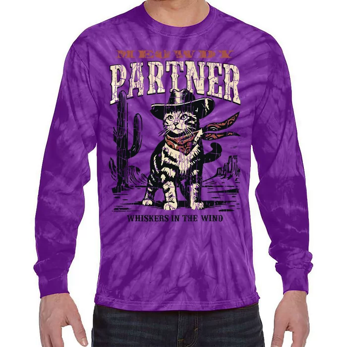 Meowdy Partner Cowboy Cat Vintage Tie-Dye Long Sleeve Shirt