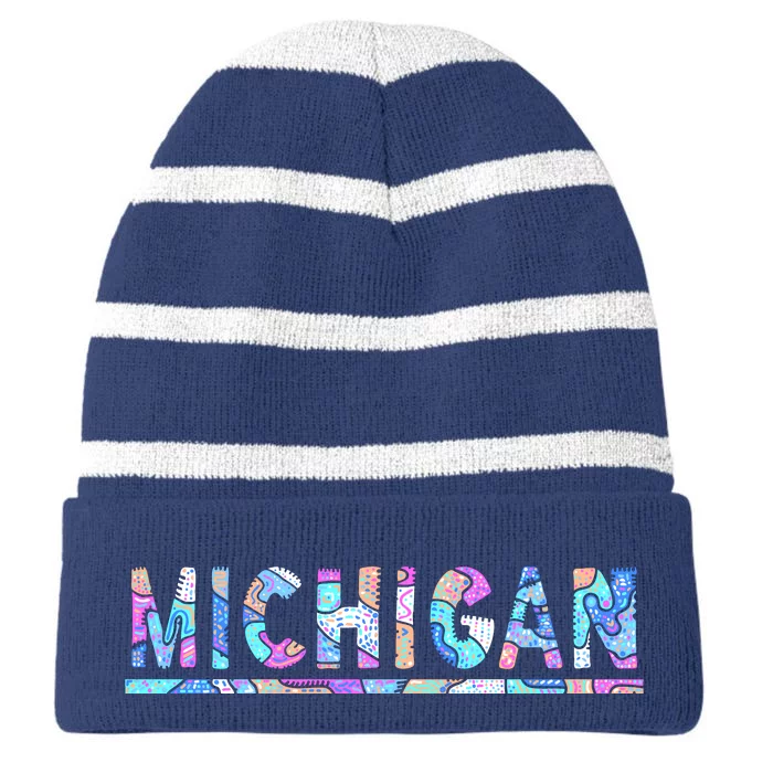 Michigan Patterned Curves Logo Striped Beanie with Solid Band