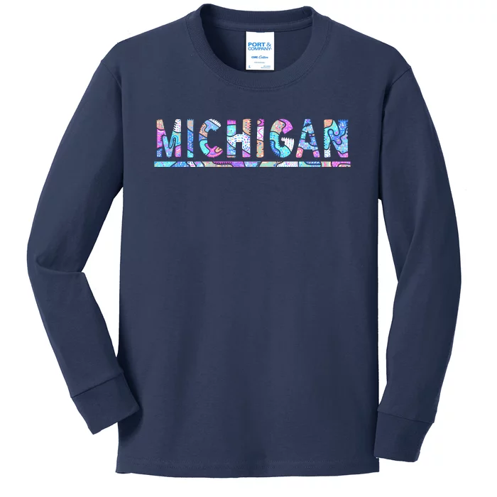 Michigan Patterned Curves Logo Kids Long Sleeve Shirt