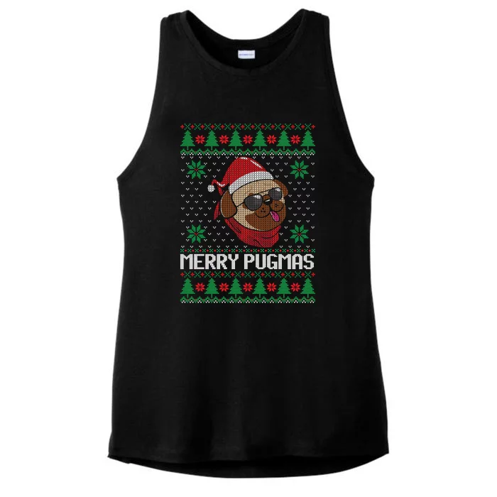 Merry Pugmas Christmas Ugly Sweater Funny Santa Hat Pug Gift Ladies Tri-Blend Wicking Tank