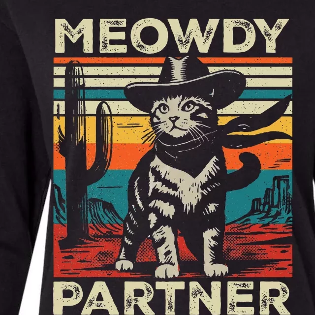 Meowdy Partner Cat Cowboy Hat Howdy Funny Country Western Womens Cotton Relaxed Long Sleeve T-Shirt