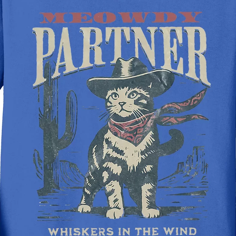 Meowdy Partner Cowboy Cat Country Western Kids Long Sleeve Shirt