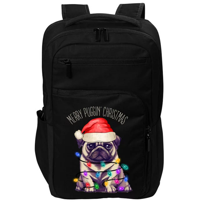 Merry Puggin Christmas Cute Pug In Santa Hat And Xmas Lights Gift Impact Tech Backpack