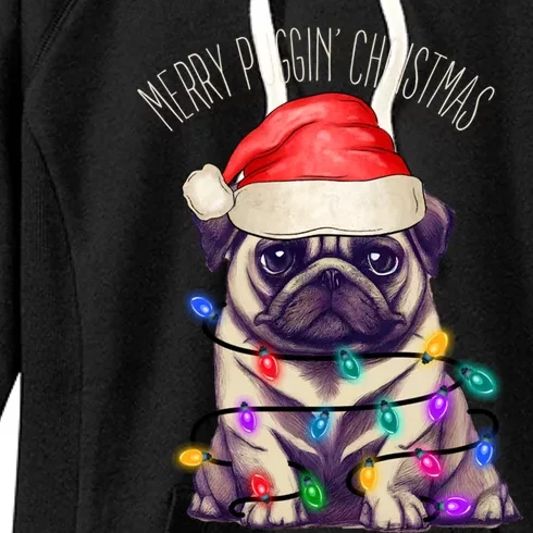 Merry Puggin Christmas Cute Pug In Santa Hat And Xmas Lights Gift Women's Fleece Hoodie