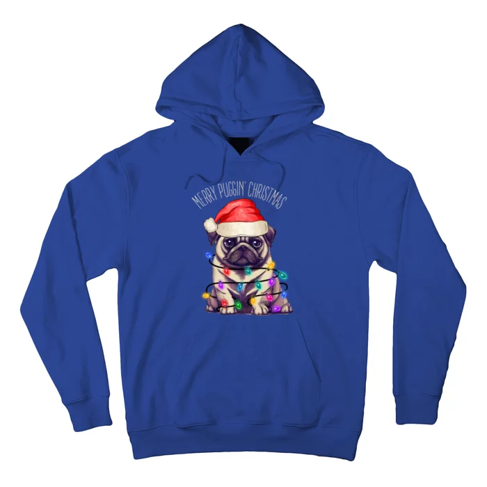 Merry Puggin Christmas Cute Pug In Santa Hat And Xmas Lights Gift Hoodie