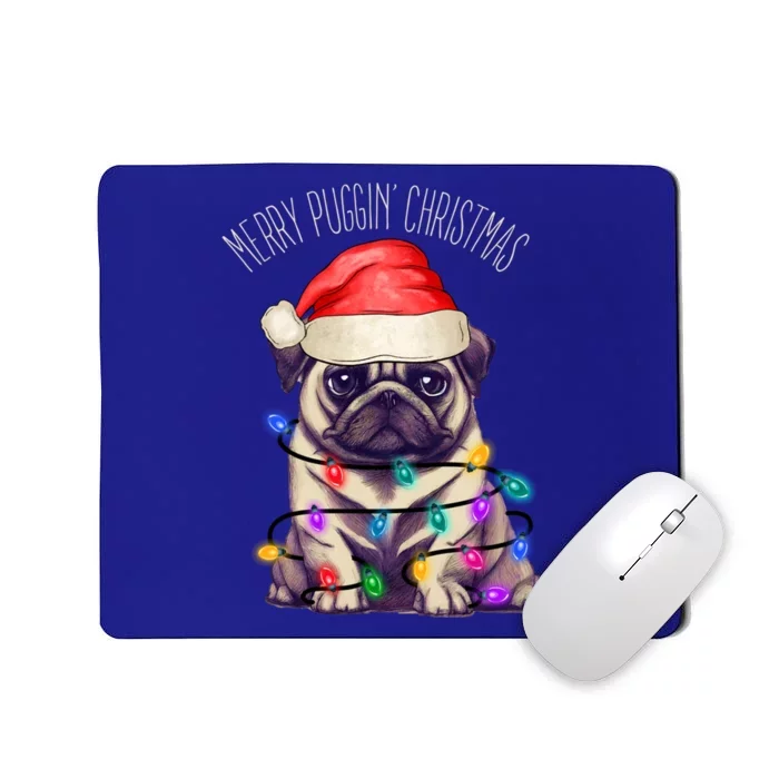 Merry Puggin Christmas Cute Pug In Santa Hat And Xmas Lights Gift Mousepad