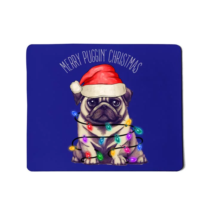 Merry Puggin Christmas Cute Pug In Santa Hat And Xmas Lights Gift Mousepad