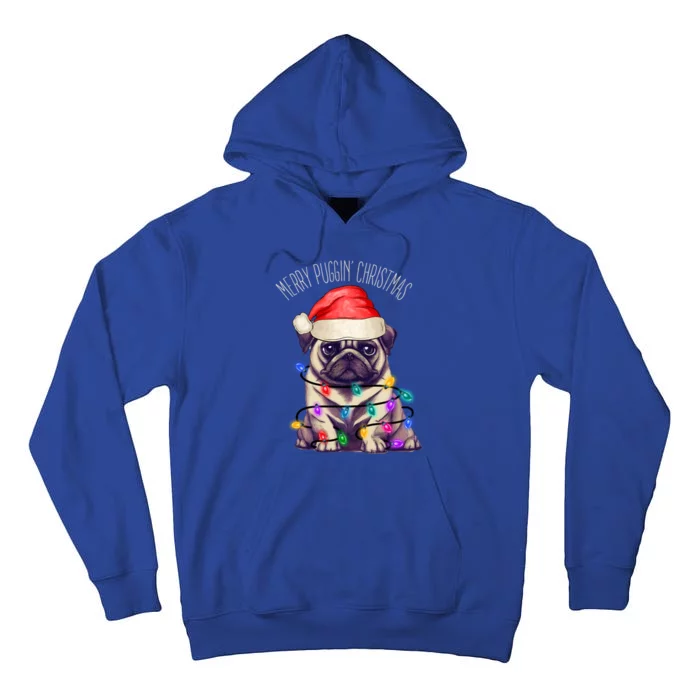 Merry Puggin Christmas Cute Pug In Santa Hat And Xmas Lights Gift Tall Hoodie