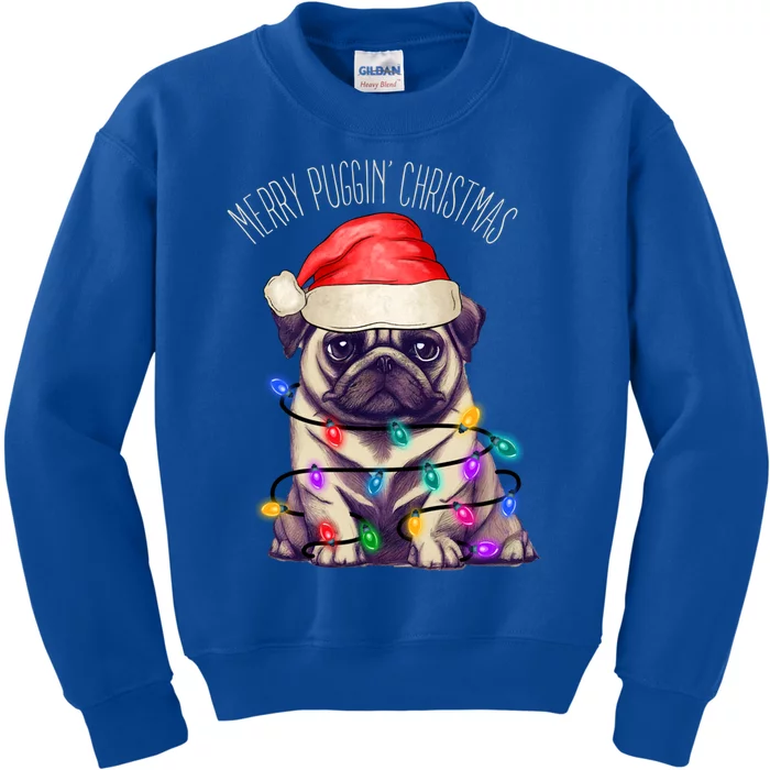 Merry Puggin Christmas Cute Pug In Santa Hat And Xmas Lights Gift Kids Sweatshirt