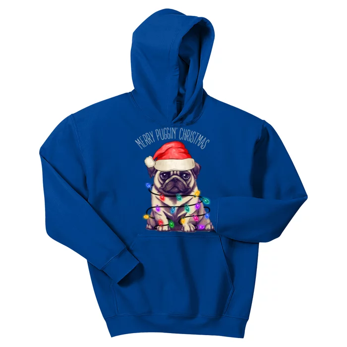 Merry Puggin Christmas Cute Pug In Santa Hat And Xmas Lights Gift Kids Hoodie