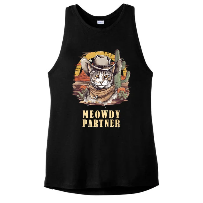 Meowdy Partner Cat Funny Howdy Meme Wild West Cowboy Hat Ladies Tri-Blend Wicking Tank