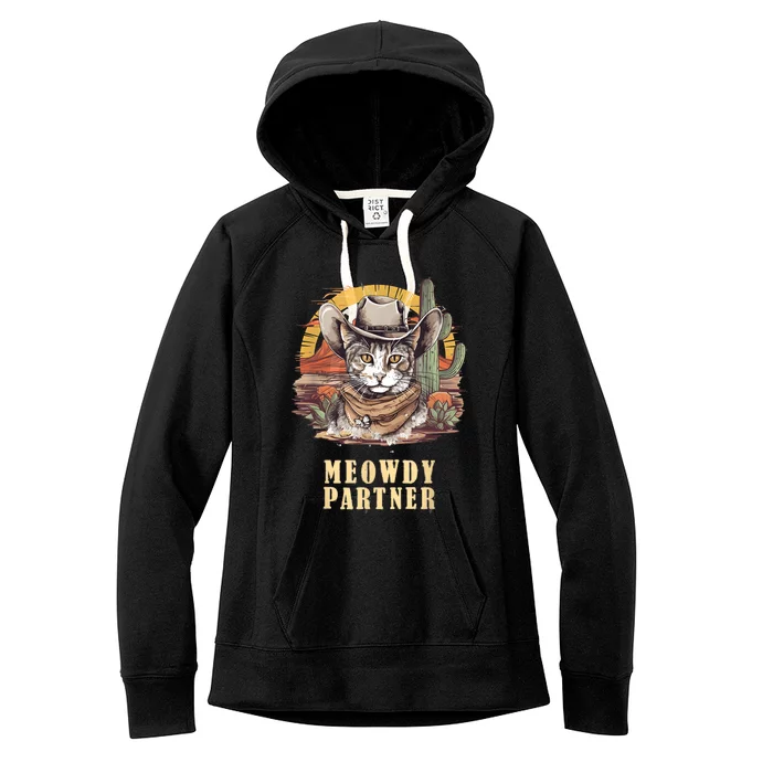 Meowdy Partner Cat Funny Howdy Meme Wild West Cowboy Hat Women's Fleece Hoodie