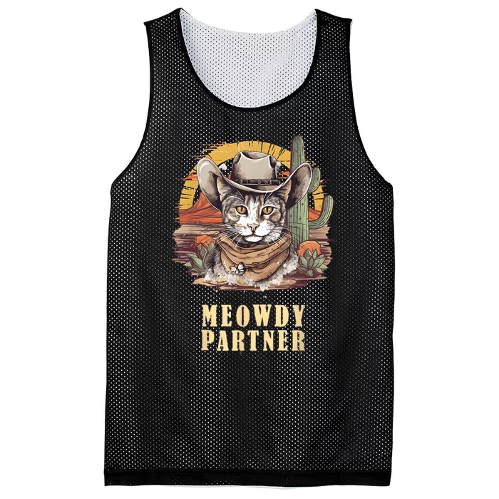 Meowdy Partner Cat Funny Howdy Meme Wild West Cowboy Hat Mesh Reversible Basketball Jersey Tank