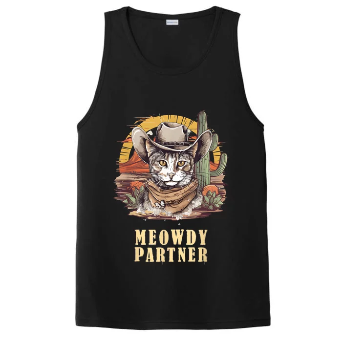 Meowdy Partner Cat Funny Howdy Meme Wild West Cowboy Hat Performance Tank