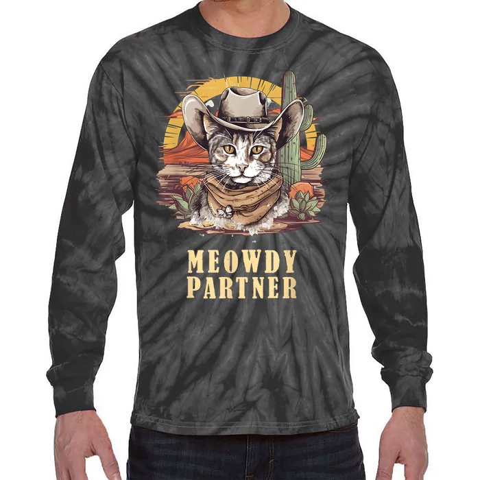 Meowdy Partner Cat Funny Howdy Meme Wild West Cowboy Hat Tie-Dye Long Sleeve Shirt