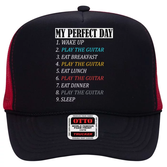 My Perfect Day Play Guitar Vintage Print Items Gift High Crown Mesh Trucker Hat