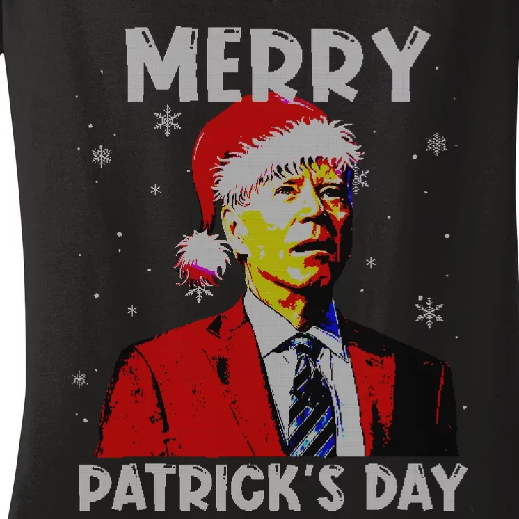 Merry Patricks Day Christmas Joe Biden Santa Hat Ugly Christmas Women's V-Neck T-Shirt