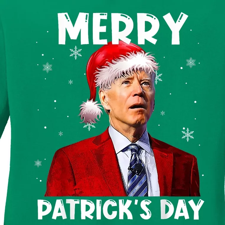 Merry Patricks Day Christmas Joe Biden Santa Hat Ladies Long Sleeve Shirt