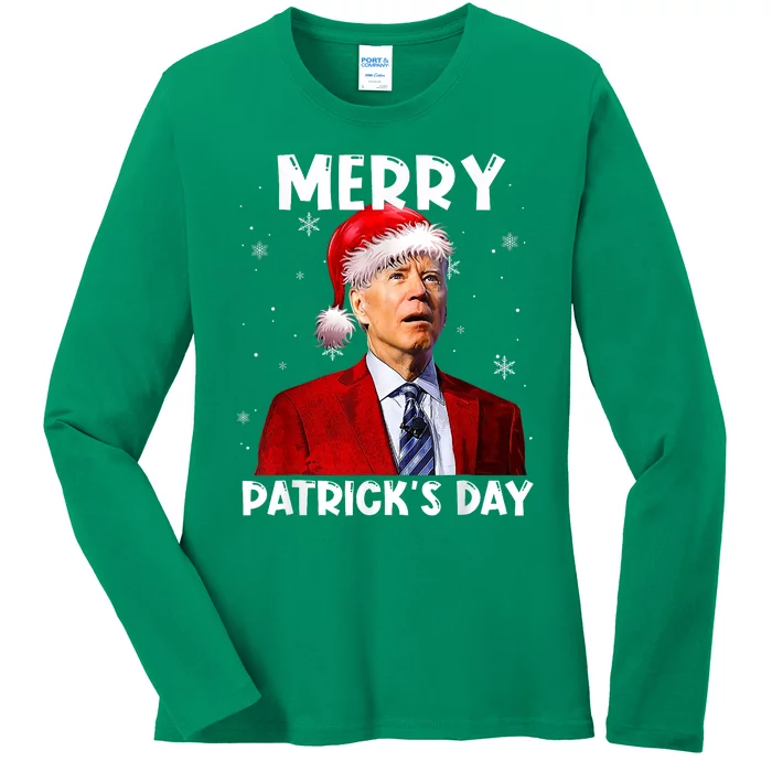 Merry Patricks Day Christmas Joe Biden Santa Hat Ladies Long Sleeve Shirt