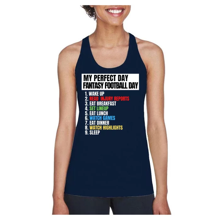 My Perfect Day Fantasy Football, Funny Fantasy Football Women's Racerback Tank