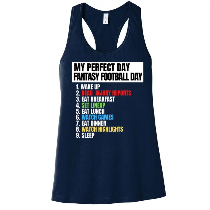 My Perfect Day Fantasy Football, Funny Fantasy Football Women's Racerback Tank