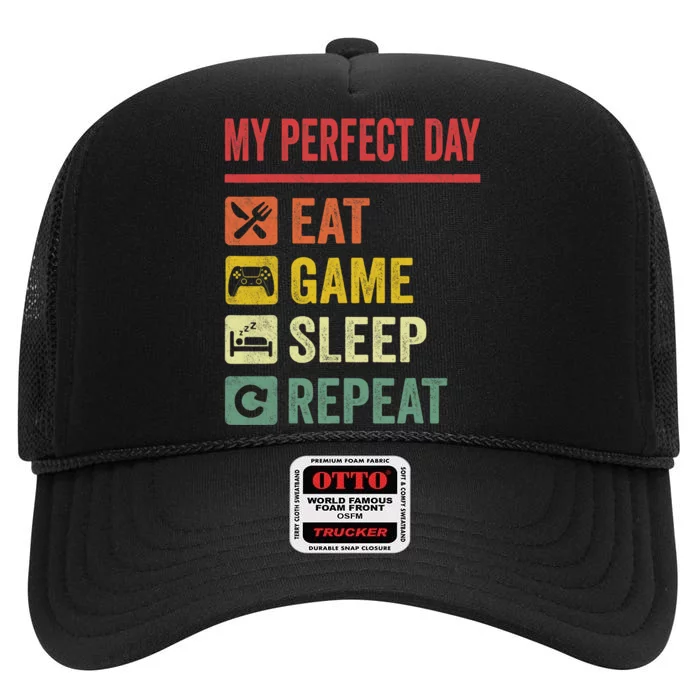 My Perfect Day Video Games Funny Cool Gamer Tee Gift High Crown Mesh Trucker Hat