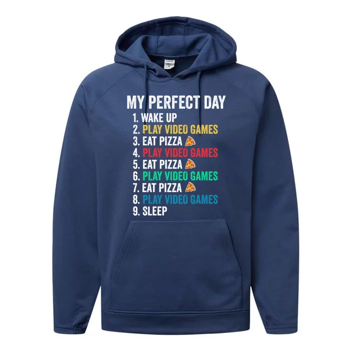 My Perfect Day Play Video Games And Eat Pizza Funny Cute Gift Performance Fleece Hoodie