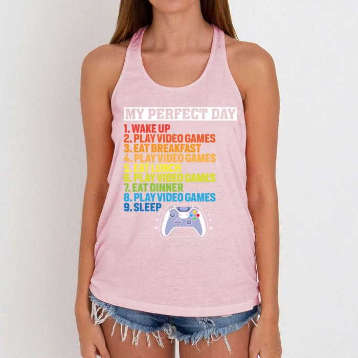 My Perfect Day Video Games Cool Gamer Funny Cute Gift Women's Knotted Racerback Tank