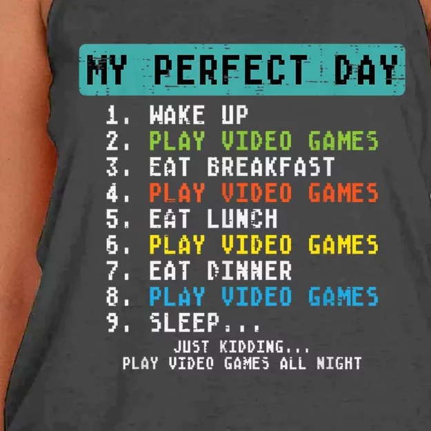 My Perfect Day Play Video Games Funny Gamer Women's Knotted Racerback Tank