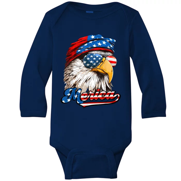 Merica Patriotic Eagle USA American Flag 4th Of July Baby Long Sleeve Bodysuit