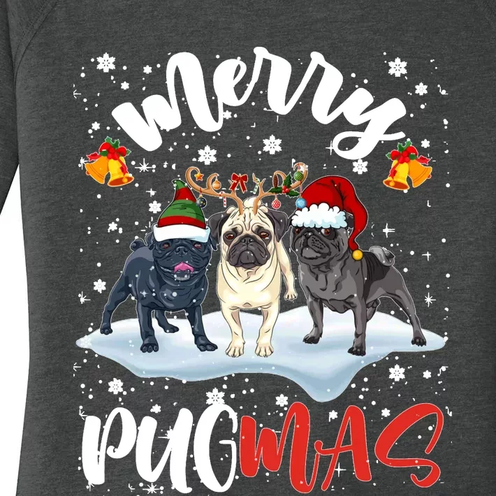 Merry Pugmas Funny Santa Reindeer Elf Pug Dog Christmas Sweatshirt Women's Perfect Tri Tunic Long Sleeve Shirt