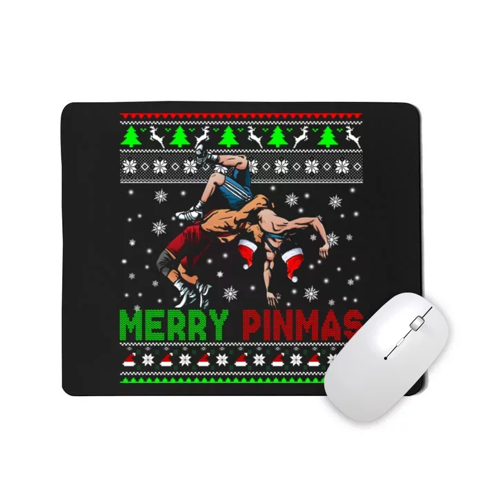 Merry Pinmas Funny Christmas Sweater Santa Wrestling Group Mousepad