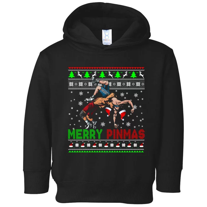 Merry Pinmas Funny Christmas Sweater Santa Wrestling Group Toddler Hoodie