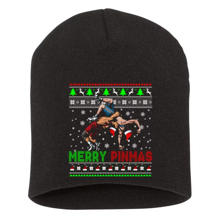 Merry Pinmas Funny Christmas Sweater Santa Wrestling Group Short Acrylic Beanie