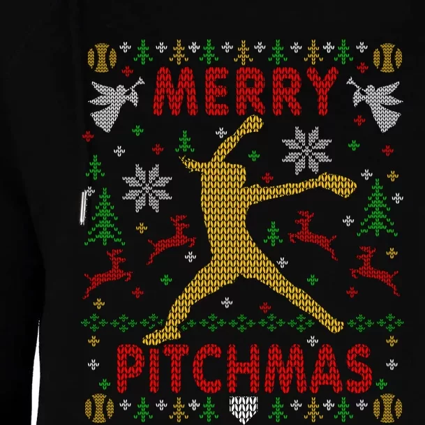 Merry Pitchmas Fastpitch Softball Pitcher Ugly Christmas Womens Funnel Neck Pullover Hood