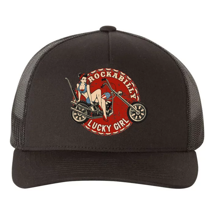 Motorcycle Pinup Girl Old School Rockabilly Lucky Girl Yupoong Adult 5-Panel Trucker Hat