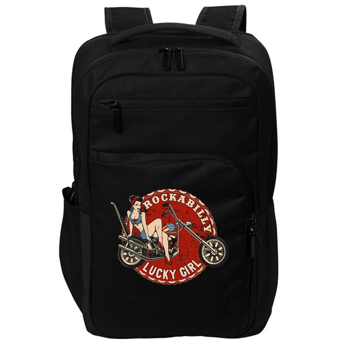 Motorcycle Pinup Girl Old School Rockabilly Lucky Girl Impact Tech Backpack