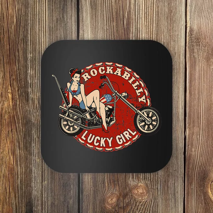 Motorcycle Pinup Girl Old School Rockabilly Lucky Girl Coaster