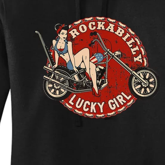 Motorcycle Pinup Girl Old School Rockabilly Lucky Girl Women's Pullover Hoodie