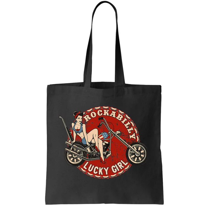 Motorcycle Pinup Girl Old School Rockabilly Lucky Girl Tote Bag