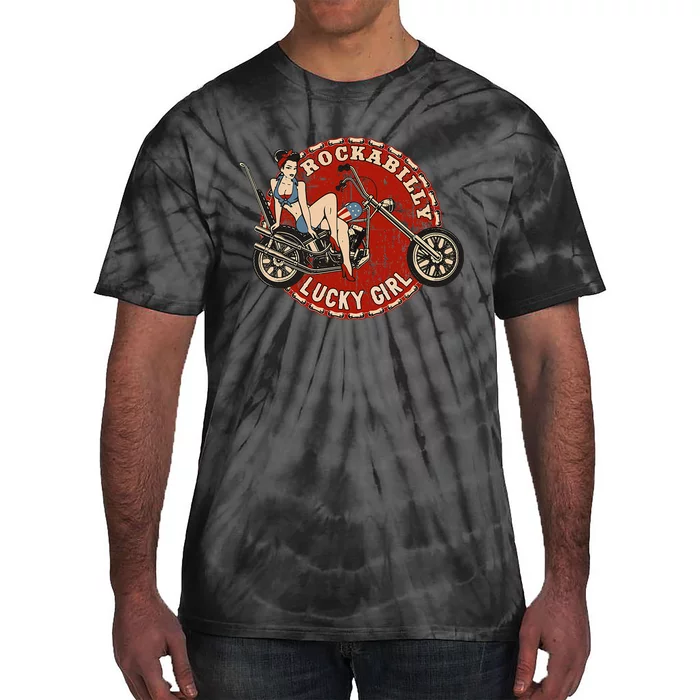 Motorcycle Pinup Girl Old School Rockabilly Lucky Girl Tie-Dye T-Shirt