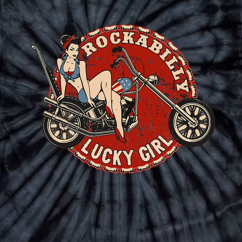 Motorcycle Pinup Girl Old School Rockabilly Lucky Girl Tie-Dye T-Shirt