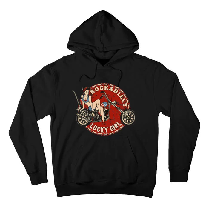 Motorcycle Pinup Girl Old School Rockabilly Lucky Girl Tall Hoodie