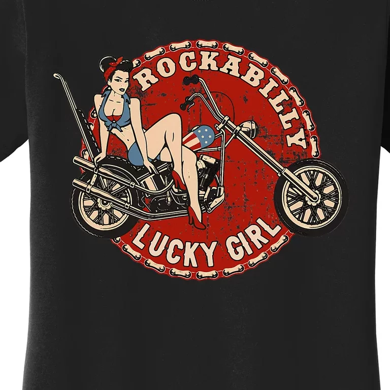 Motorcycle Pinup Girl Old School Rockabilly Lucky Girl Women's T-Shirt