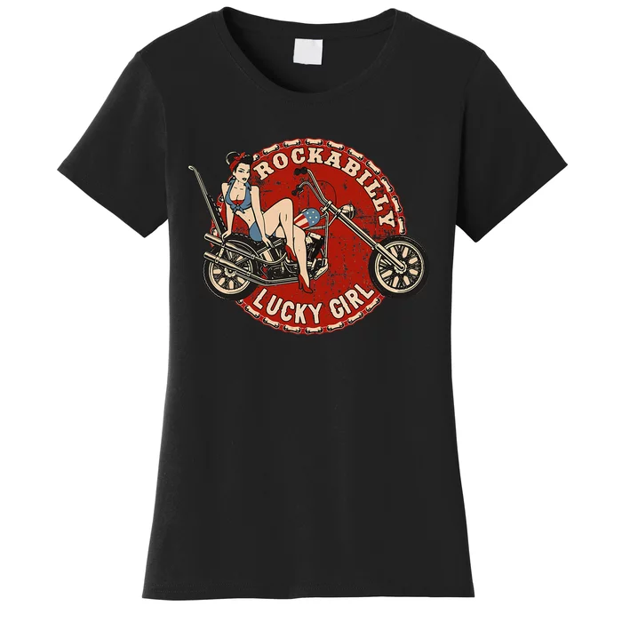 Motorcycle Pinup Girl Old School Rockabilly Lucky Girl Women's T-Shirt