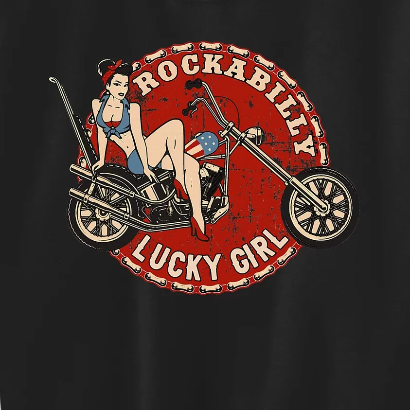 Motorcycle Pinup Girl Old School Rockabilly Lucky Girl Kids Sweatshirt