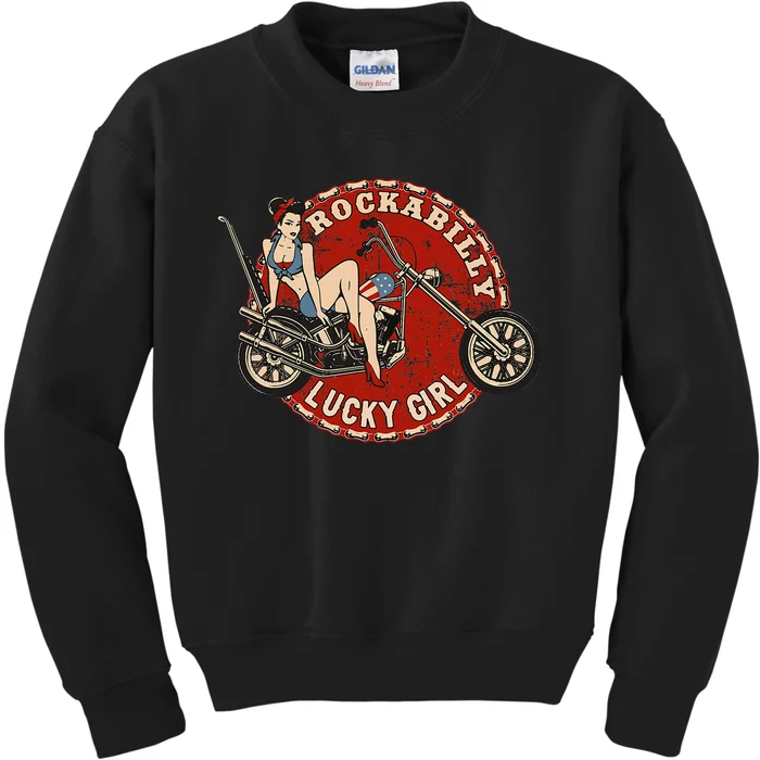 Motorcycle Pinup Girl Old School Rockabilly Lucky Girl Kids Sweatshirt