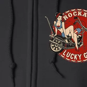 Motorcycle Pinup Girl Old School Rockabilly Lucky Girl Full Zip Hoodie